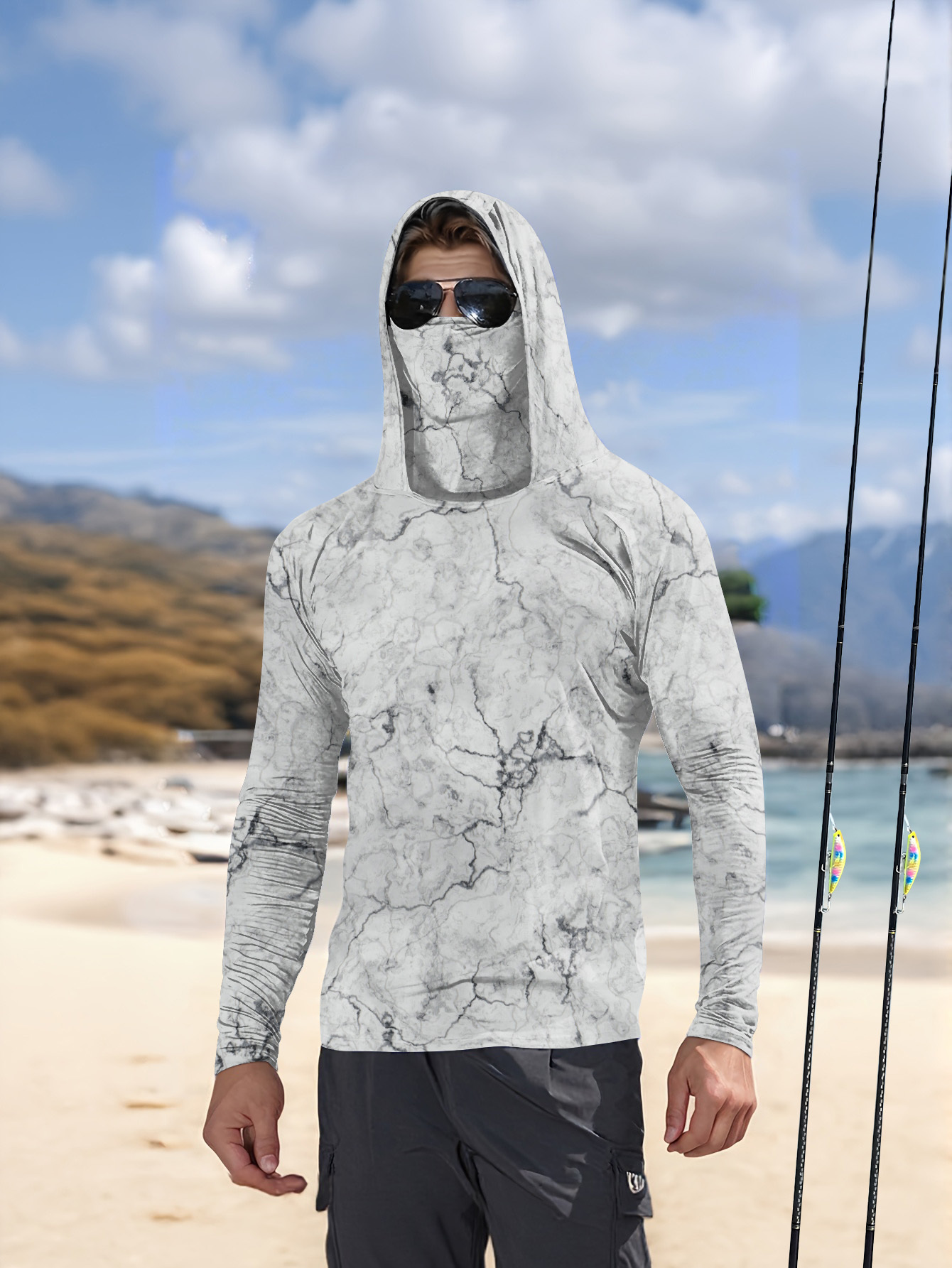 Fishing Shirt Uv Protection - قميص صيد رجالي بغطاء للرأس بأكمام